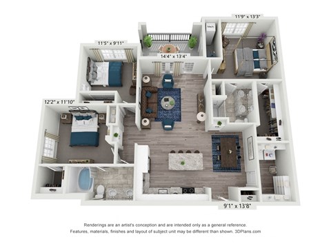 Floor plan for 3 beds, 2 baths, 1516 sqft
